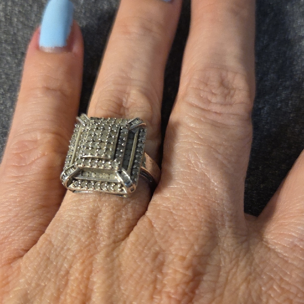Vintage HN 925 Sterling Silver Square Cluster Statement Ring Size 7CZ Out Desing